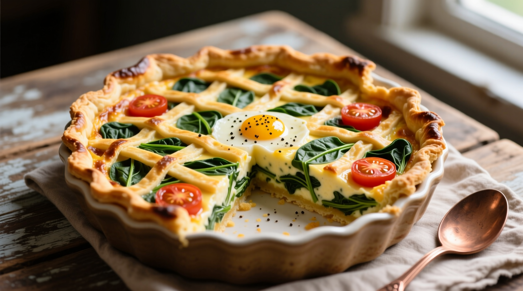 Golden spinach and tomato quiche with flaky crust
