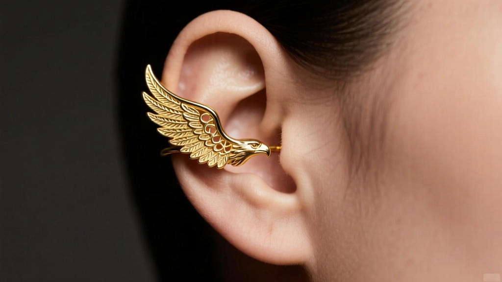 Minimalist 14k gold eagle wing ear cuffs hugging upper cartilage, lit by soft studio lighting against a dark charcoal backdrop