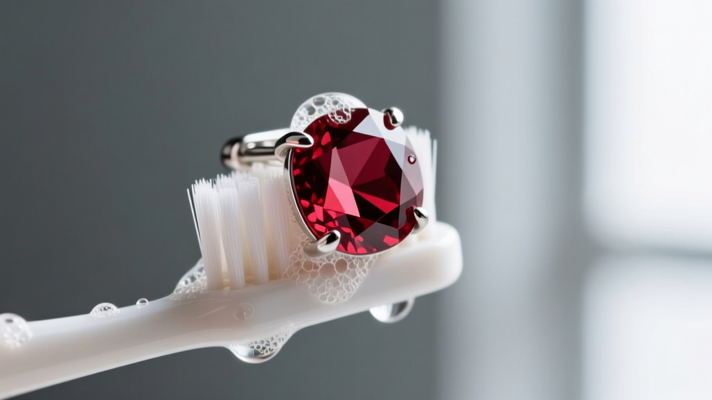 Soft toothbrush cleaning a faceted red garnet in a silver clip on earring, showing mild soapy suds on the gemstone surface.