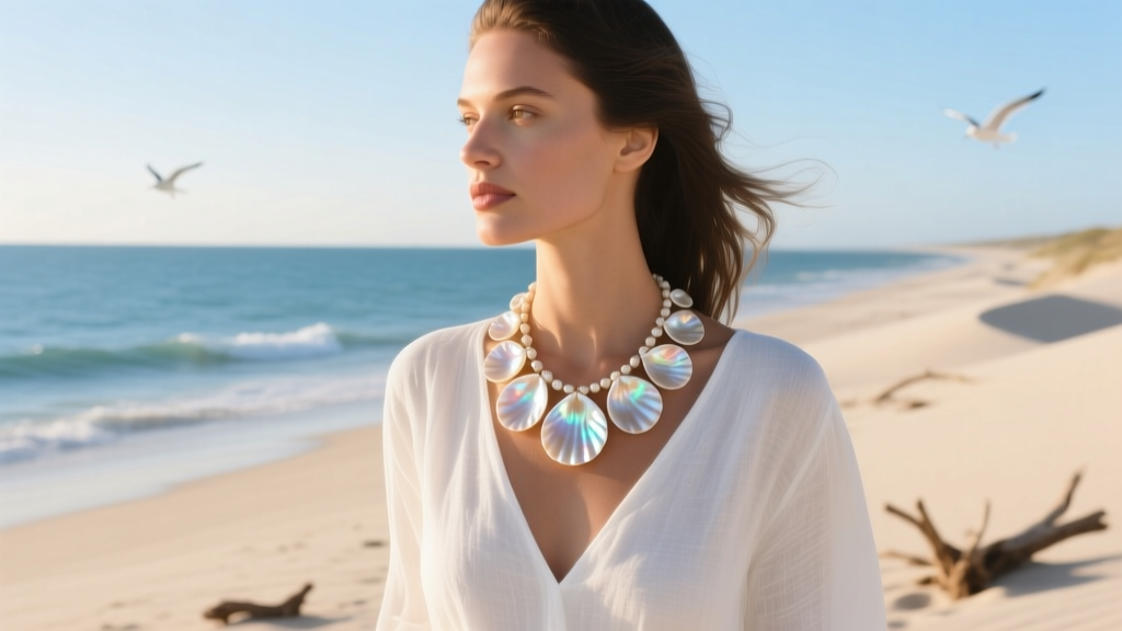 Woman wearing a 16-inch mother of pearl sea shell necklace over a white linen V-neck top on a bright sunny coastal beach.