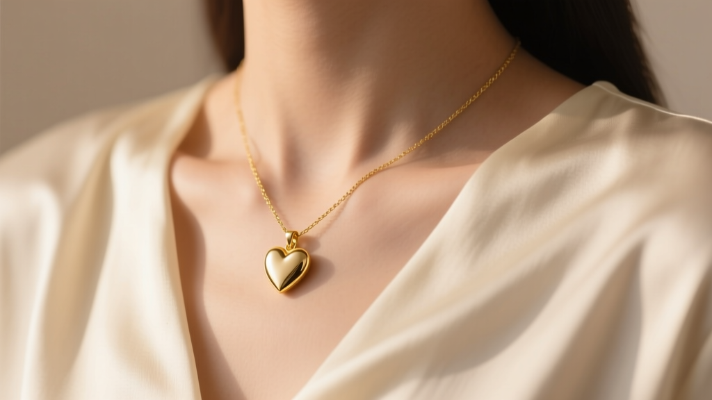 Close-up of a collarbone showcasing a delicate 14k solid gold heart pendant necklace resting on a silk blouse, soft warm lighting.