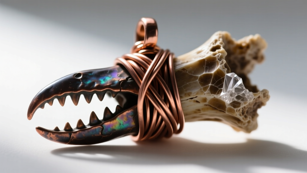 Macro shot of a copper wire-wrapped bail on a fossilized raptor claw, highlighting the intricate weaving technique and dark patina.