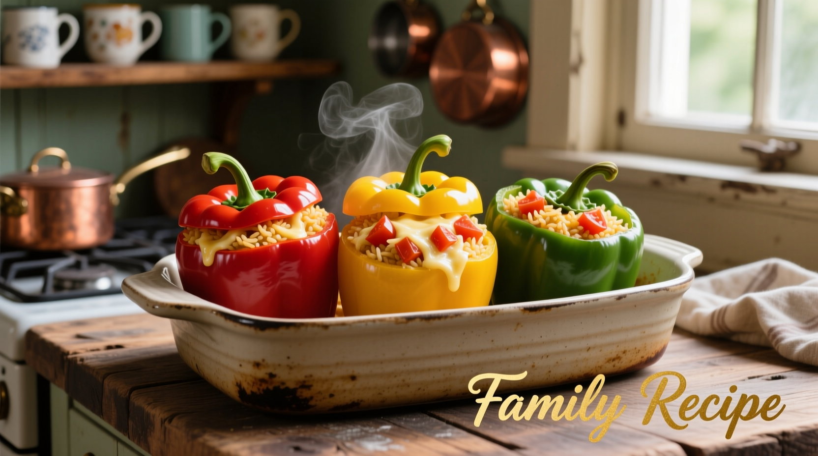 Colorful stuffed bell peppers in baking dish