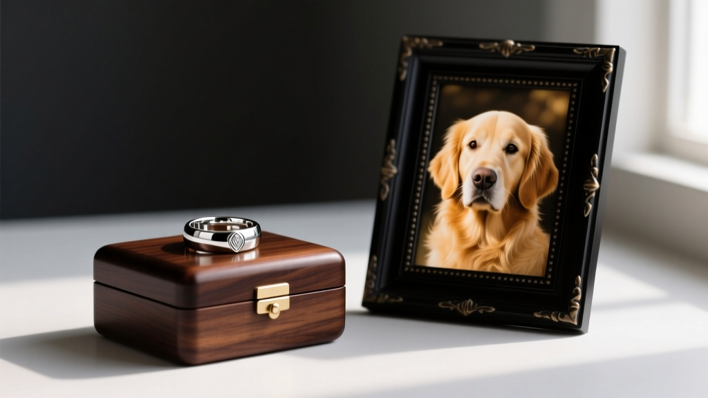 Minimalist sterling silver cremation ring on a dark wood keepsake box beside a framed photo of a golden retriever in soft light.