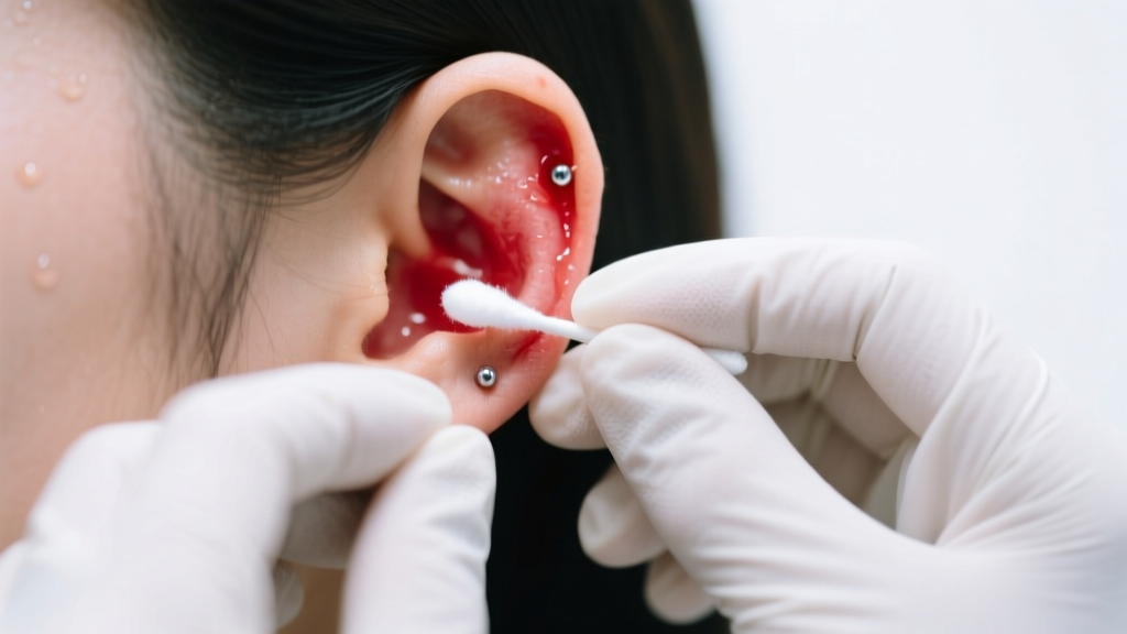 Gloved hands cleaning an inflamed earlobe piercing with a sterile saline soaked cotton swab under bright clinical lighting.