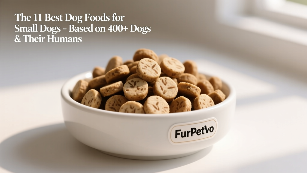 Close-up of FurPetVo Small Breed Adult Dry Dog Food kibble in a clean white bowl, showing bite-sized pieces