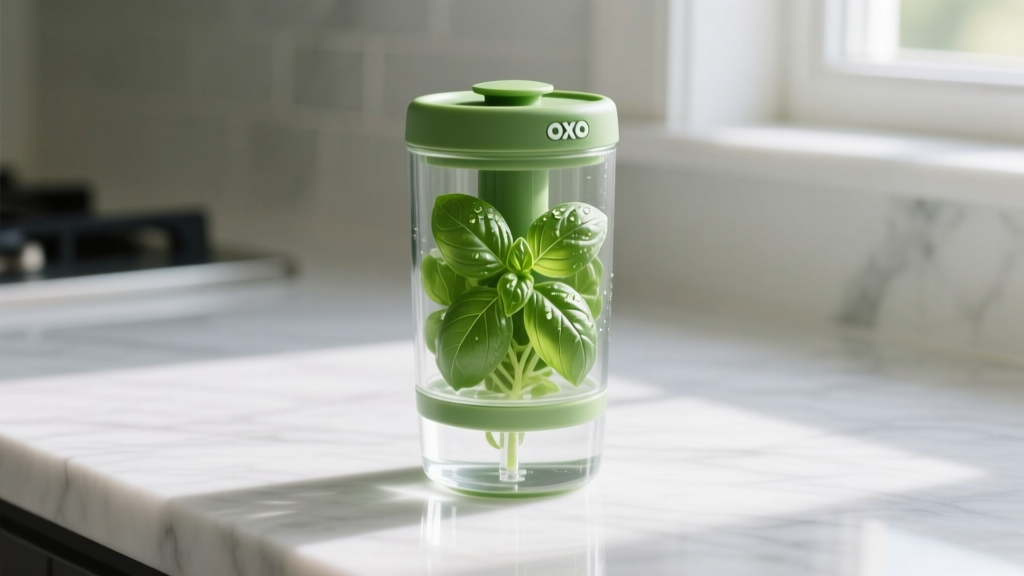 OXO Good Grips GreenSaver Herb Keeper sitting on a marble countertop with fresh basil leaves inside and water reservoir visible at base