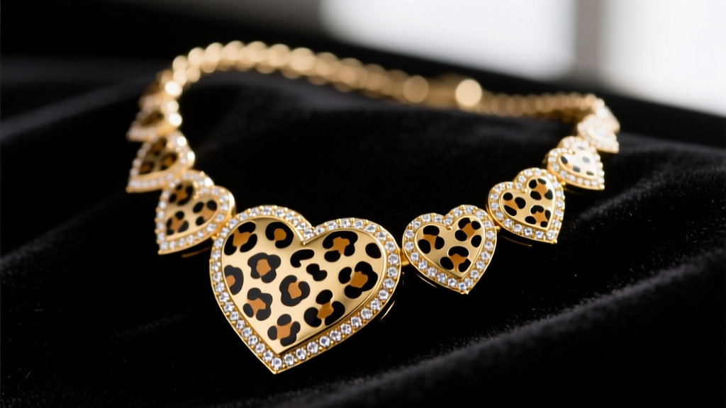 Close-up of a gold-tone Betsey Johnson leopard heart necklace on black velvet, highlighting enamel and rhinestone details.