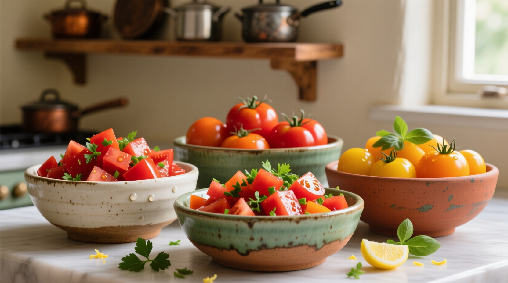 Colorful diced tomato recipes in ceramic bowls