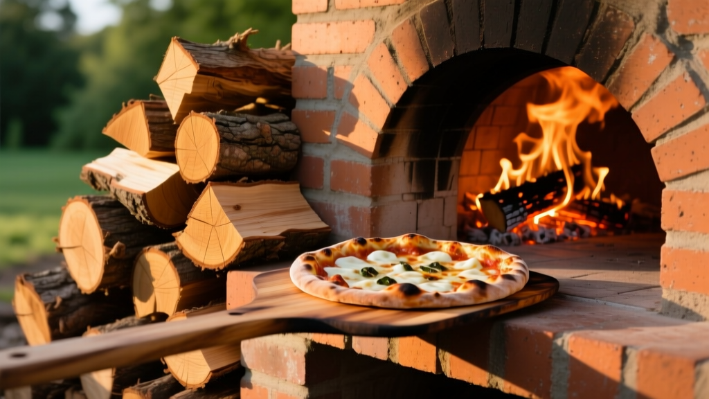 Stacked kiln-dried oak and apple wood logs next to a blazing outdoor brick pizza oven with a pizza sliding off a wooden peel