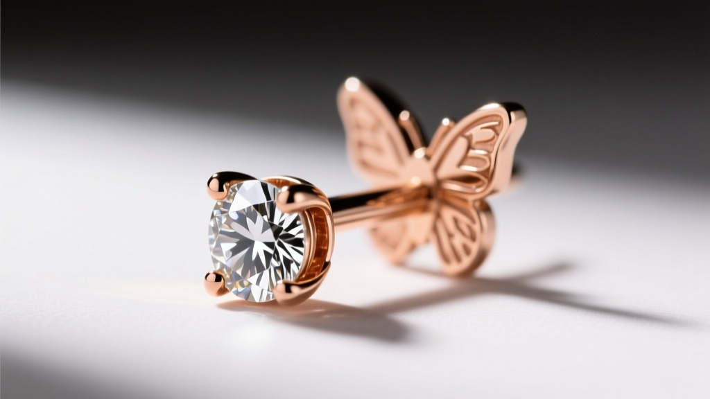 Macro photography of an 18k rose gold earring post with a secure four-prong diamond setting, showing the butterfly backing.