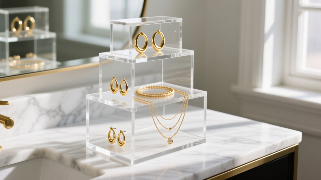 A three-tiered acrylic jewelry box cake organizer on a marble vanity, displaying gold hoops and layered necklaces.