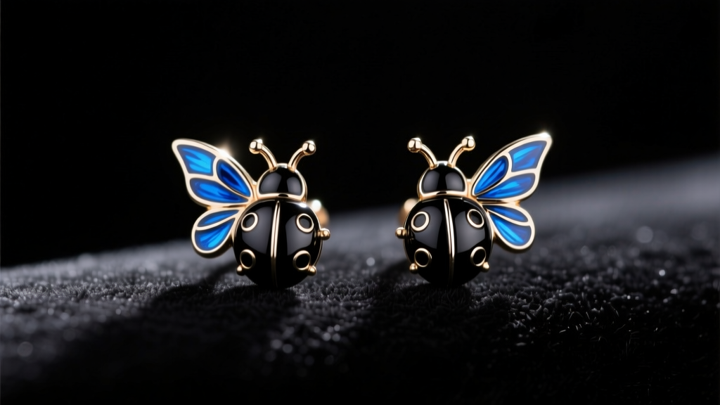 Macro shot of blue and black enamel Miraculous Ladybug stud earrings on dark velvet under soft, warm directional studio lighting.