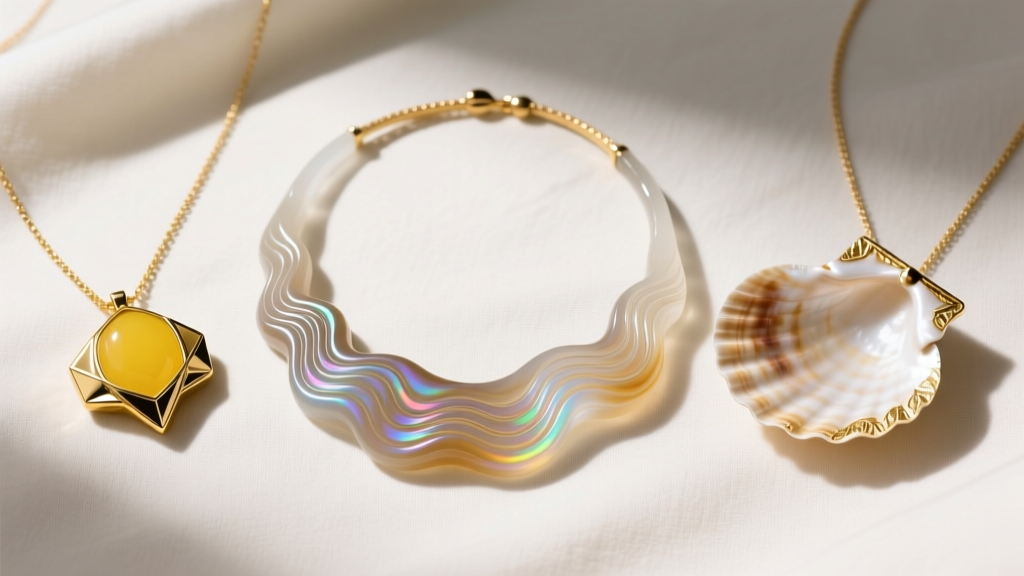 Flat lay comparing three scallop shell necklaces: a carved resin piece, a yellow gold casting, and a natural shell with gold edges.