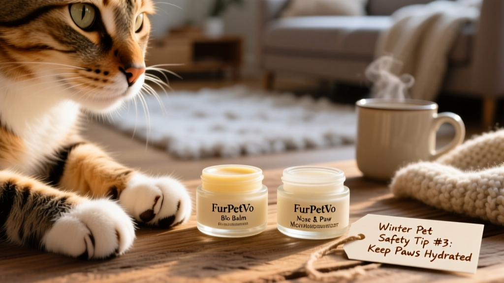 Close-up of a cat’s nose and a dog’s paw, both gently coated with balm, beside small jars of FurPetVo Bio Balm and FurPetVo Nose & Paw Moisturizer