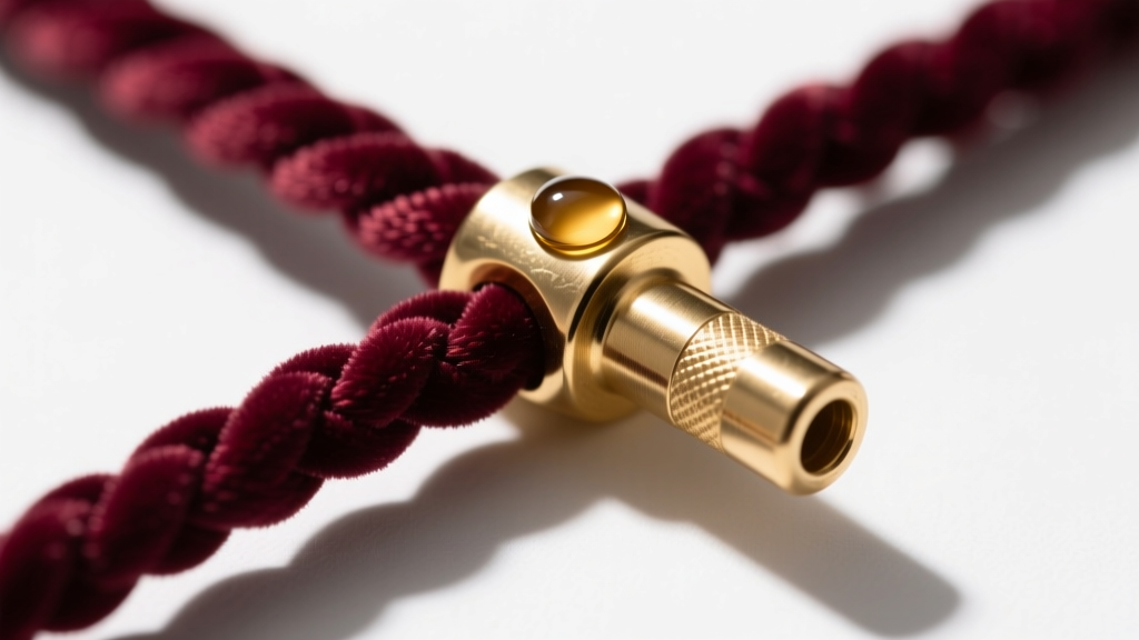 Overhead view of a brass glue-in cord end securing a woven velvet strand, with a drop of jeweler's epoxy visible at the metal seam