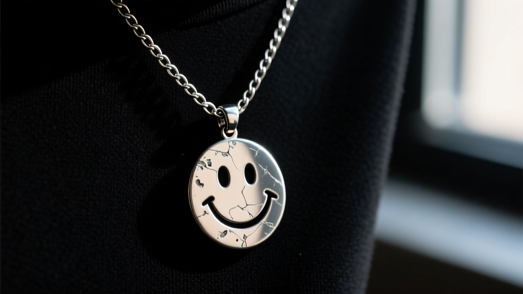 A 15mm Aphex Twin smiley pendant on a 2mm oxidized silver curb chain against black fabric, moody street style lighting
