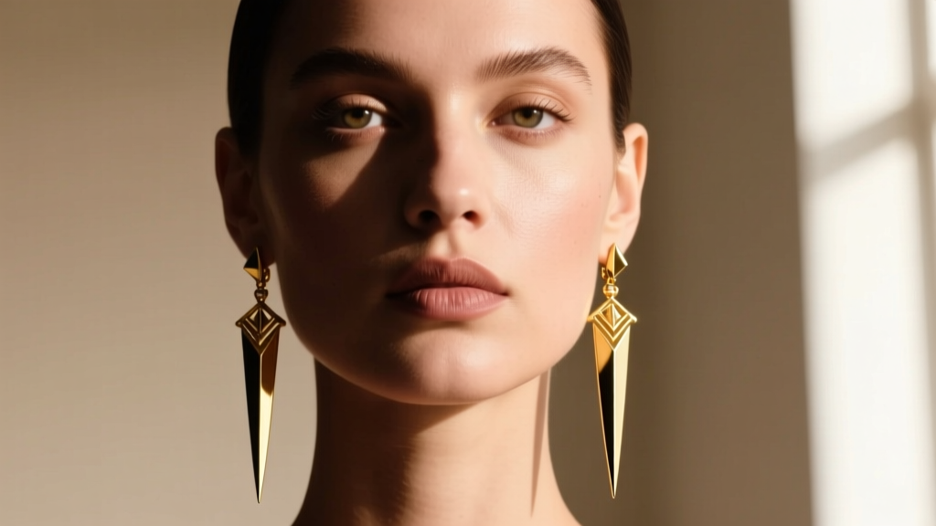 Close-up of a model wearing elongated 14k gold dagger drop earrings, dramatic lighting highlighting the sharp tip