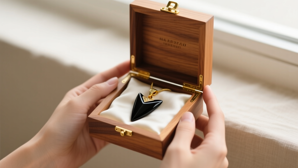 Hands presenting a wooden gift box containing a polished black obsidian shark tooth pendant with a gold bale to a recipient.
