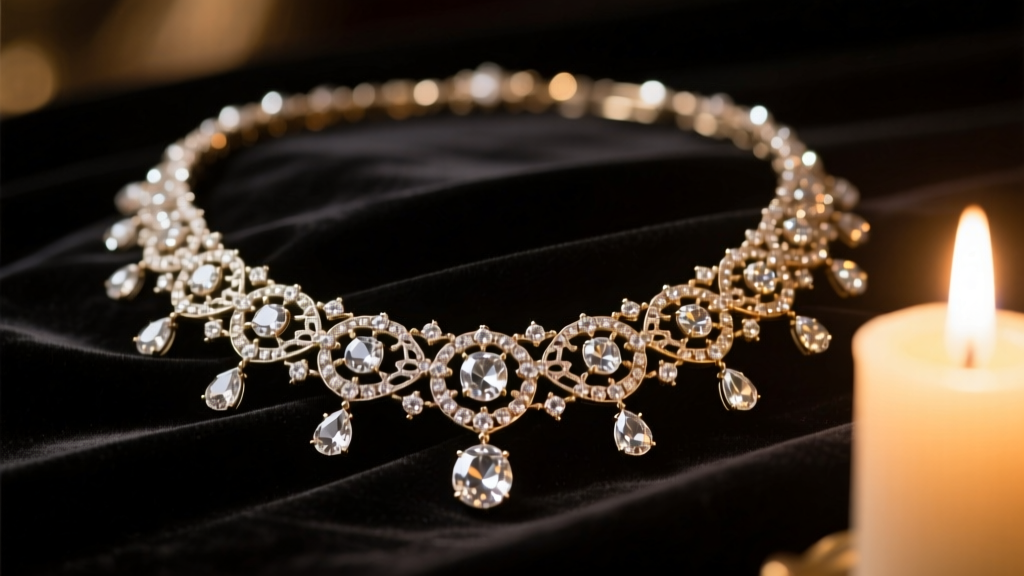 A dramatic close-up of a sparkling 19th-century paste diamond rivière necklace resting on dark velvet under warm candlelight
