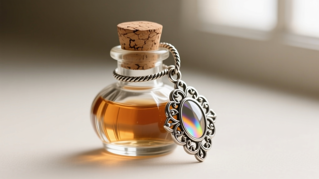 Macro shot of Victorian silver-overlay glass scent bottle pendant highlighting the intricate bail loop and original cork stopper.