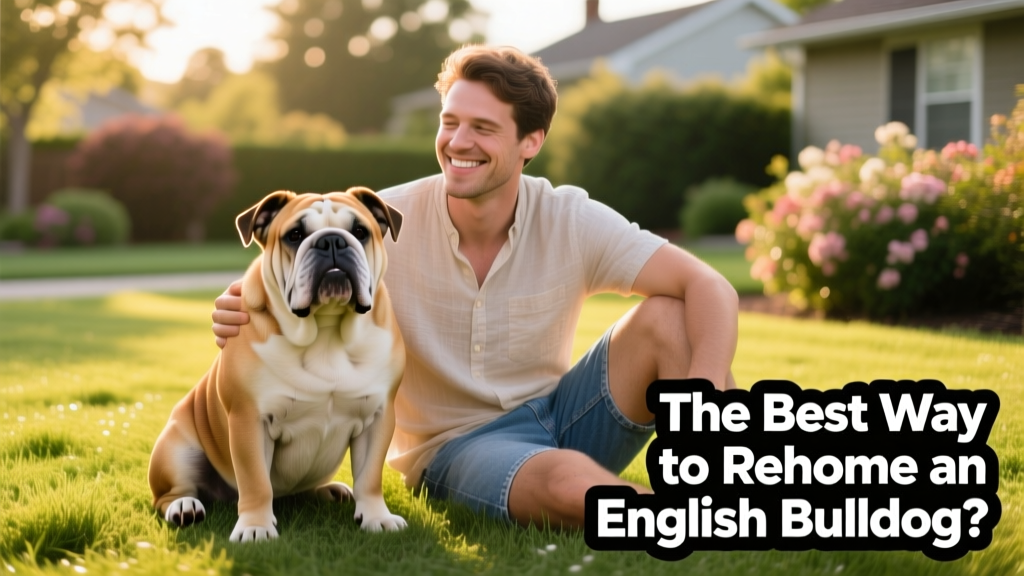 A calm, well-groomed English Bulldog sitting beside a person on a grassy lawn, showing trust and connection