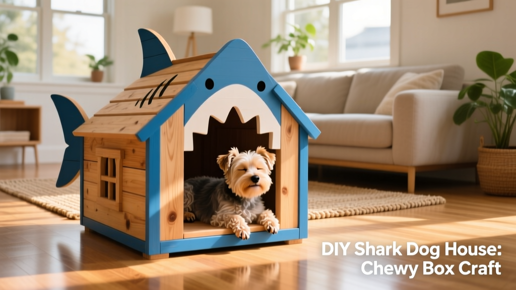 Finished shark dog house placed on a sunlit living room floor, with a small terrier happily resting inside
