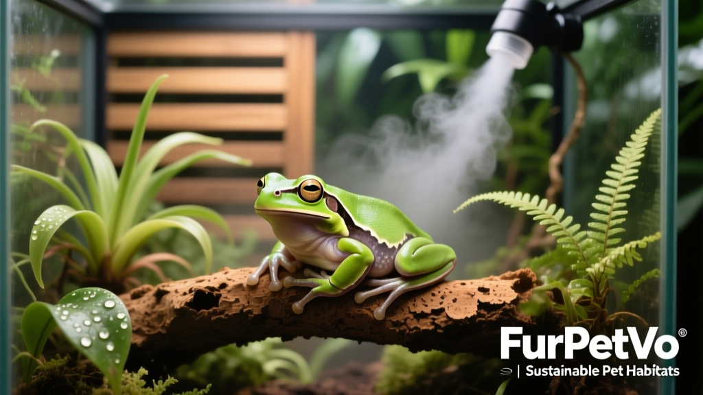 A professionally set up FurPetVo-branded terrarium with live plants, misting system, and a calm green tree frog resting on a cork branch