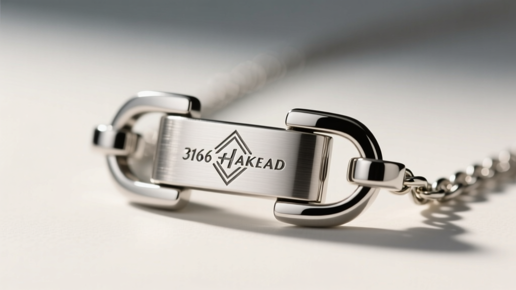Macro photography of a 316L surgical steel fandom necklace chain clasp, showing precise laser-engraved maker