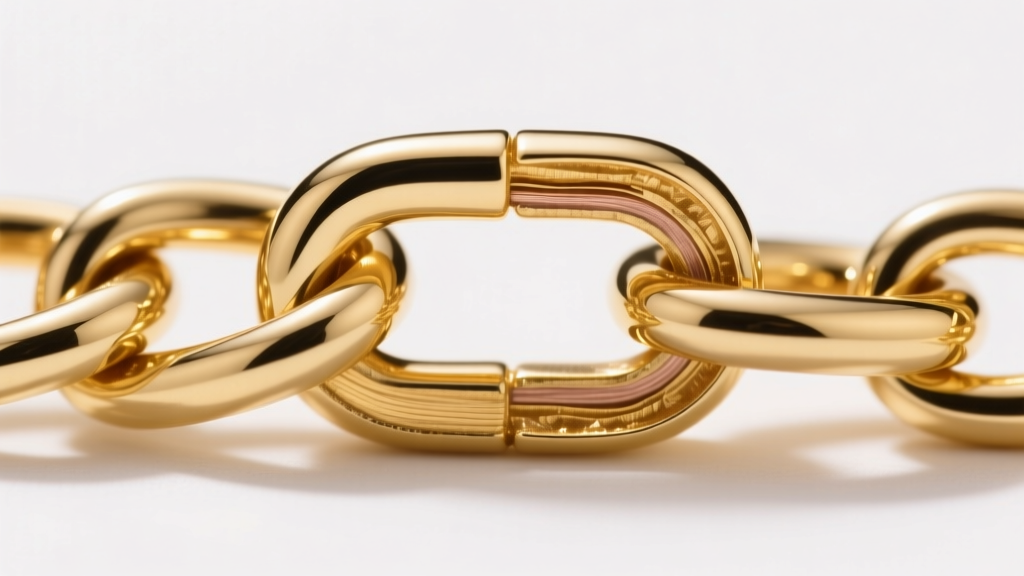 Macro photography comparing a solid 14k gold chain link cross-section with a gold-filled chain showing its exposed brass core