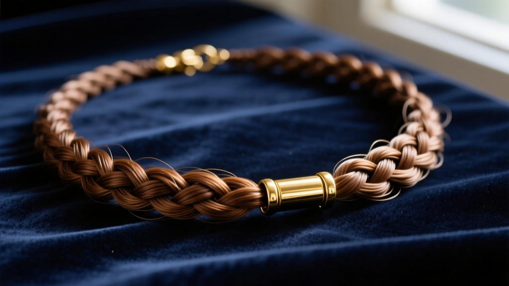 Flat lay of a delicate Victorian-era woven brown human hair necklace with a gold barrel clasp resting on dark navy velvet fabric.