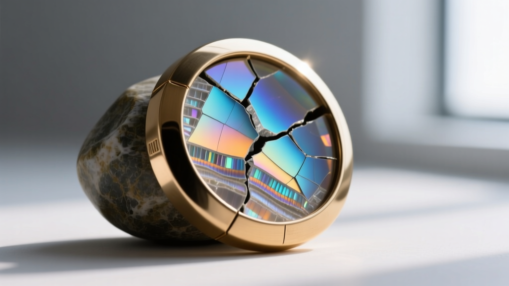 Macro photography of a cracked mood stone revealing the layered thermochromic liquid crystal sheet inside a brass bezel setting