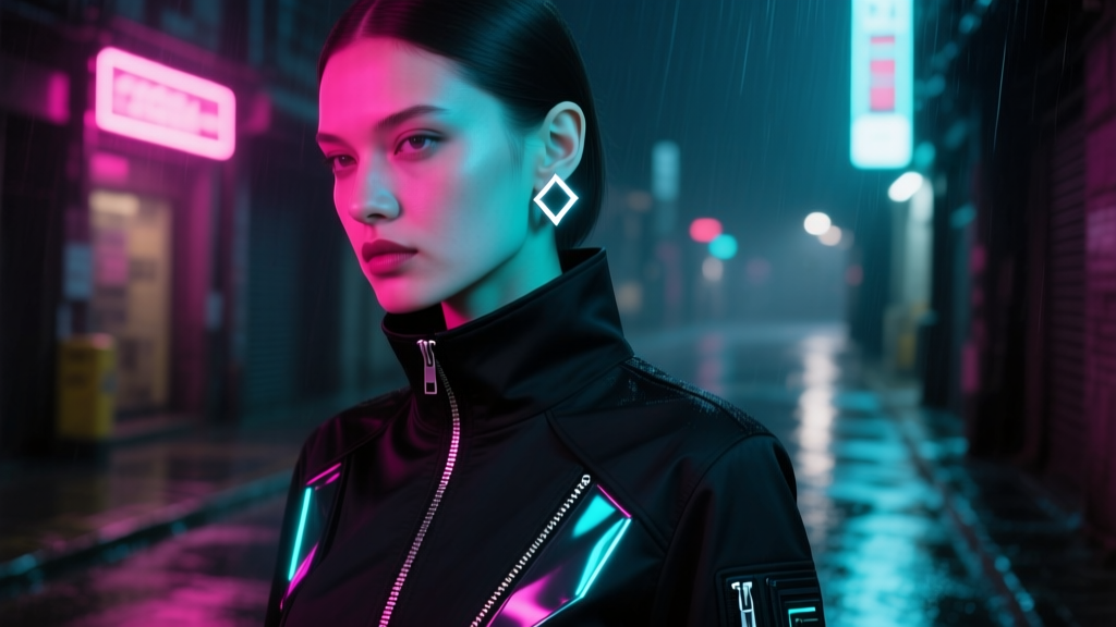 Editorial portrait of a model wearing a minimalist silver ear cuff and a high-collar cyberpunk tactical jacket in moody neon light