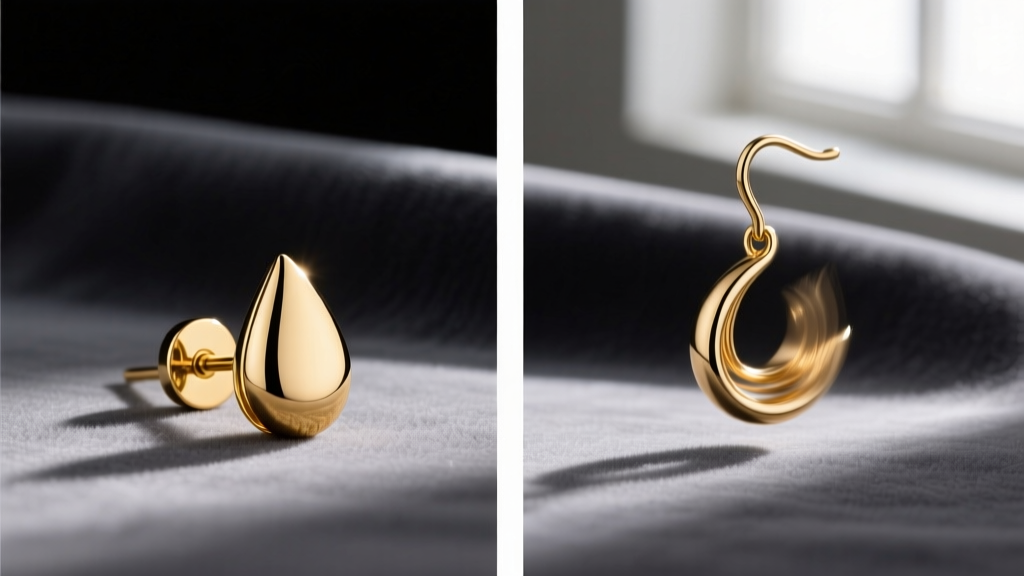 Side-by-side comparison of a static 14k gold teardrop stud and a swinging leverback dangle against a soft grey velvet backdrop
