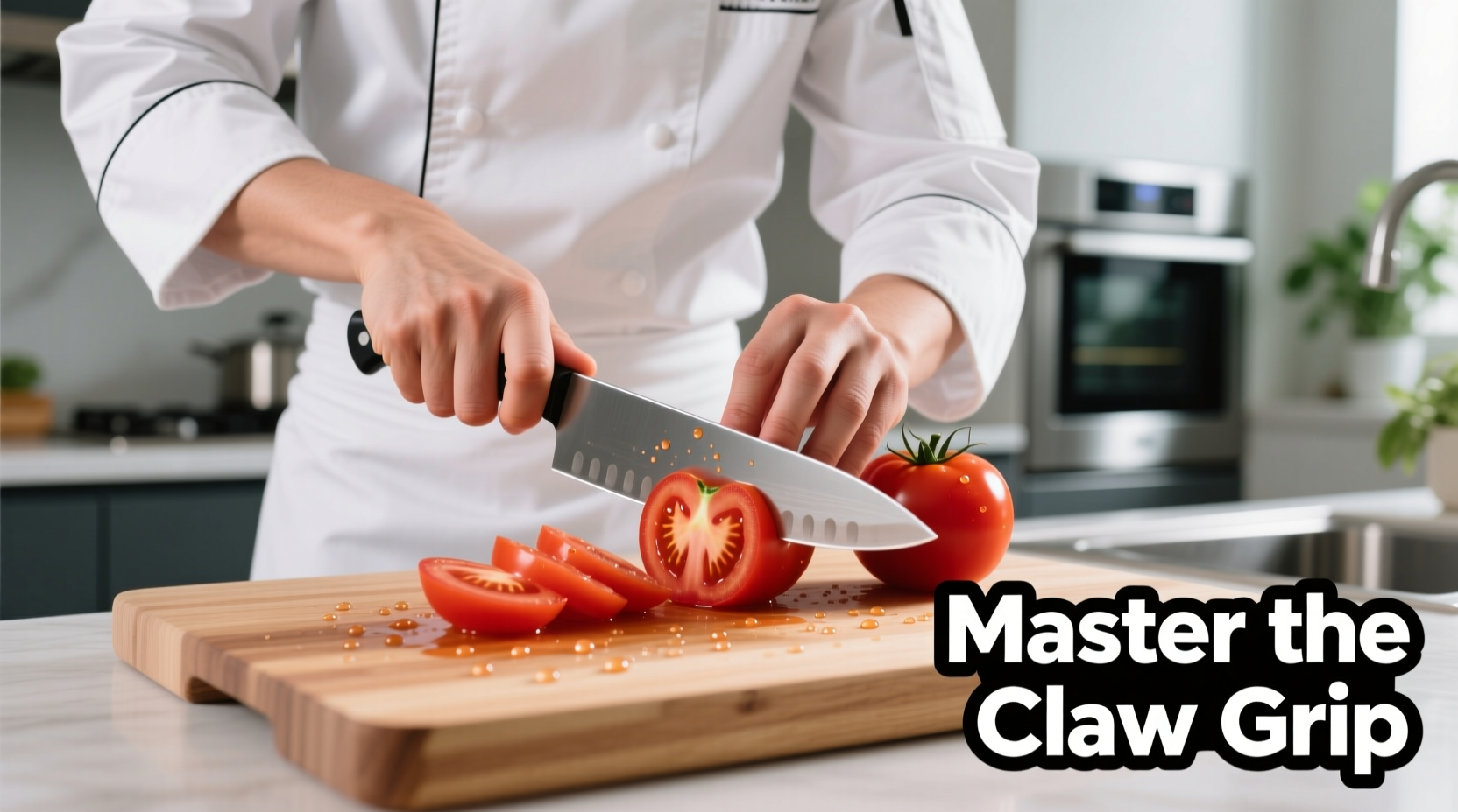 Professional chef demonstrating proper claw grip while chopping tomatoes