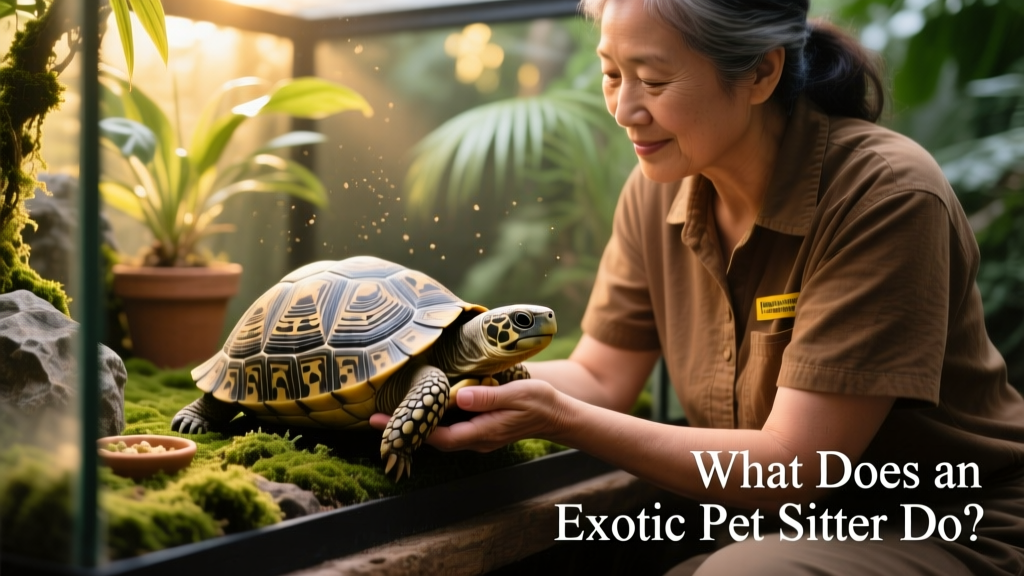 An exotic pet sitter gently handling a calm tortoise in its enclosure