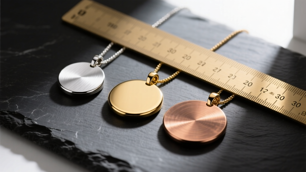Three different sized circular disc pendants (10mm, 20mm, 30mm) laid flat on a dark slate surface with a brass ruler for scale