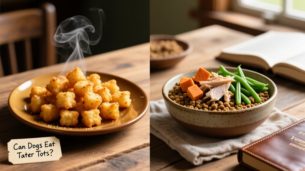 Side-by-side comparison: a plate of crispy tater tots versus a bowl of wholesome dog food with sweet potato, lean meat, and green beans