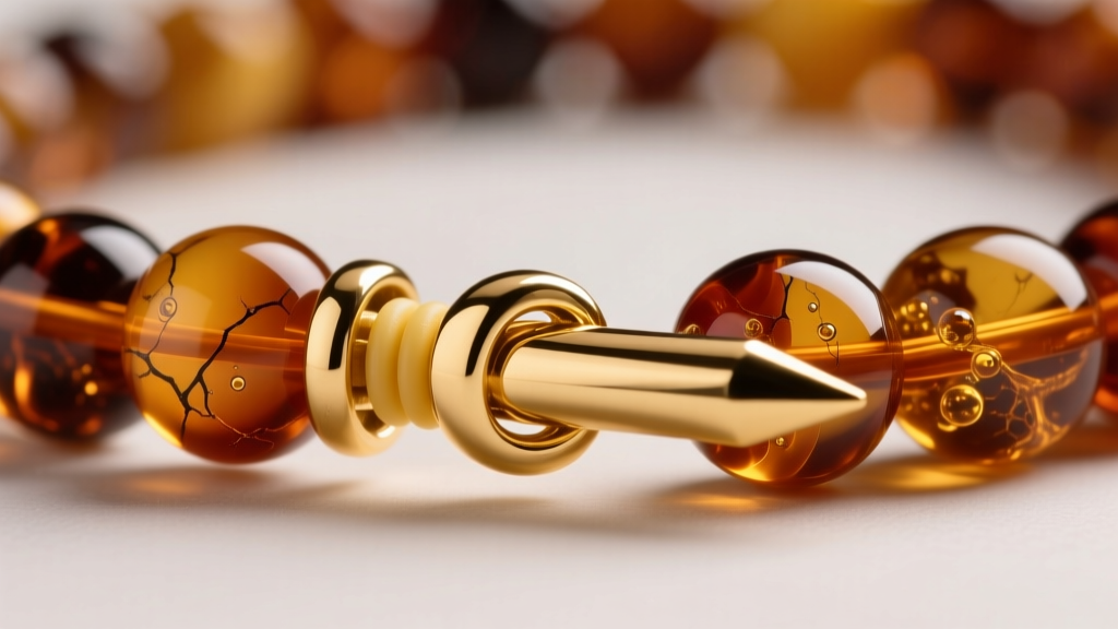 Close-up of a 14k gold bayonet clasp securing a thick strand of amber beads, showing the internal silicone tension grip mechanism.