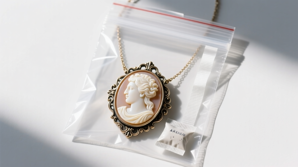 Archival storage of a vintage Avon cameo necklace in a sealed polyethylene bag with an anti-tarnish strip and silica gel packet
