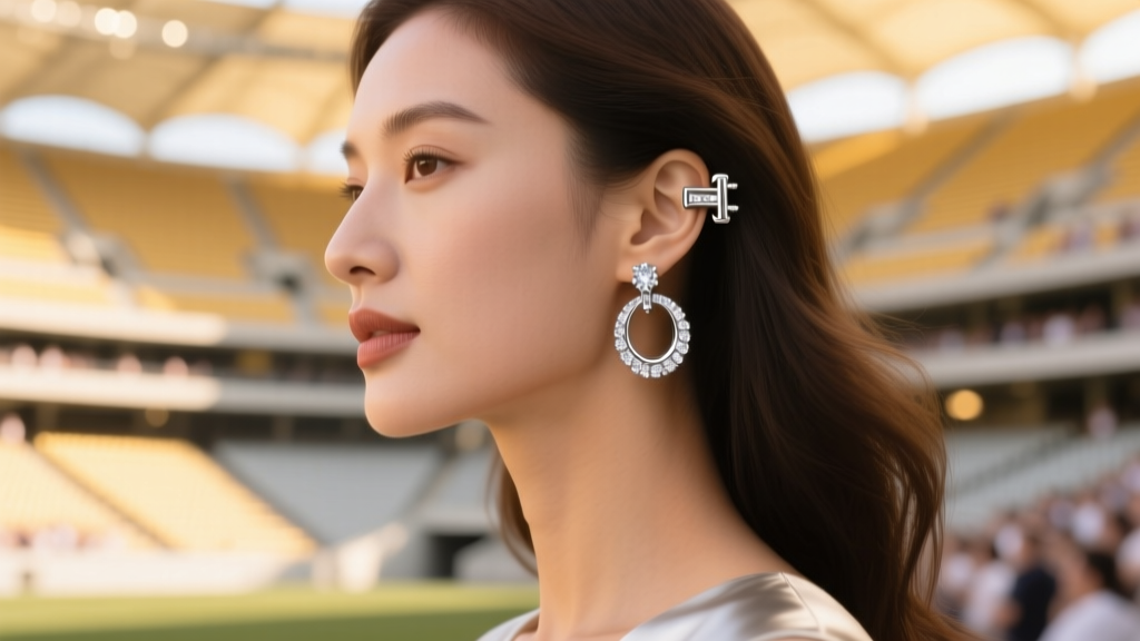 Woman wearing platinum leverback diamond hoops, displaying the secure clasp against a softly blurred, bright stadium backdrop.