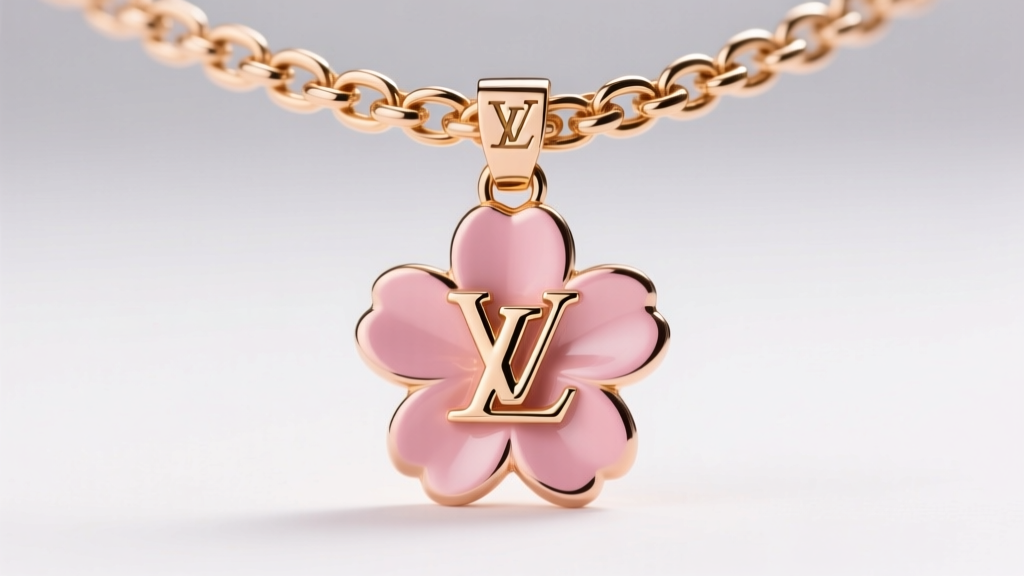 Macro photography of the adjustable 42cm chain and engraved LV hallmark on the clasp of a pink gold Monogram flower pendant