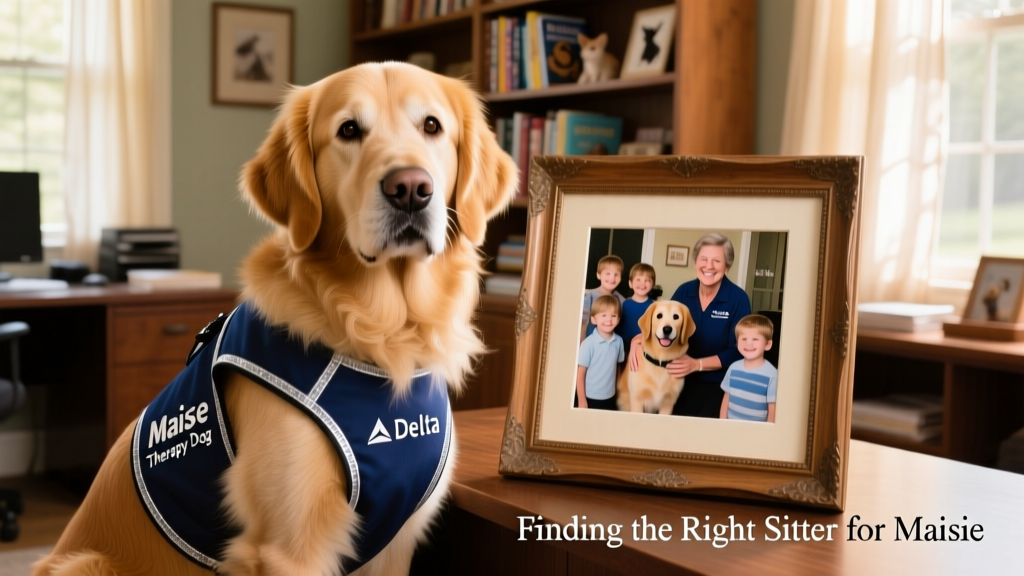 Maisie wearing her Delta Therapy Dog vest, sitting proudly beside a framed photo of her and Deb at a school visit