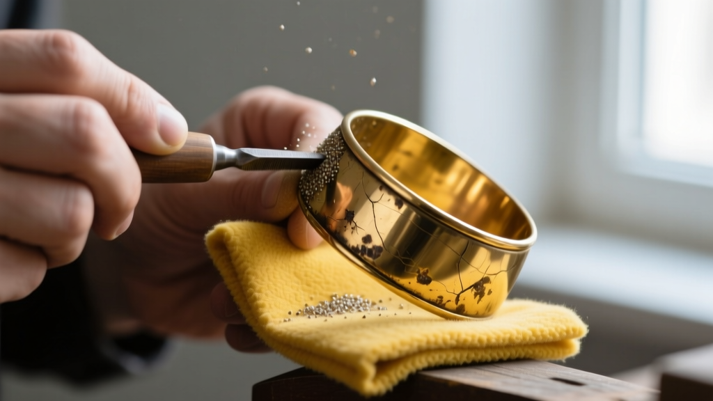 Jeweler using a yellow-treated flannel polishing cloth with micro-abrasives to buff a heavily tarnished brass cuff bracelet.