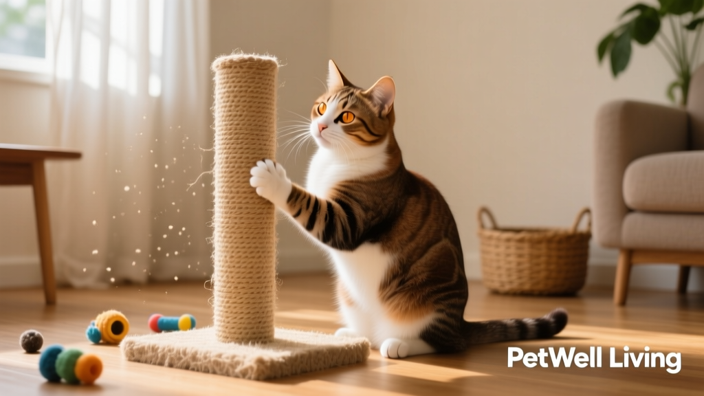 Brown and white cat gently scratching a sturdy sisal scratching post instead of furniture