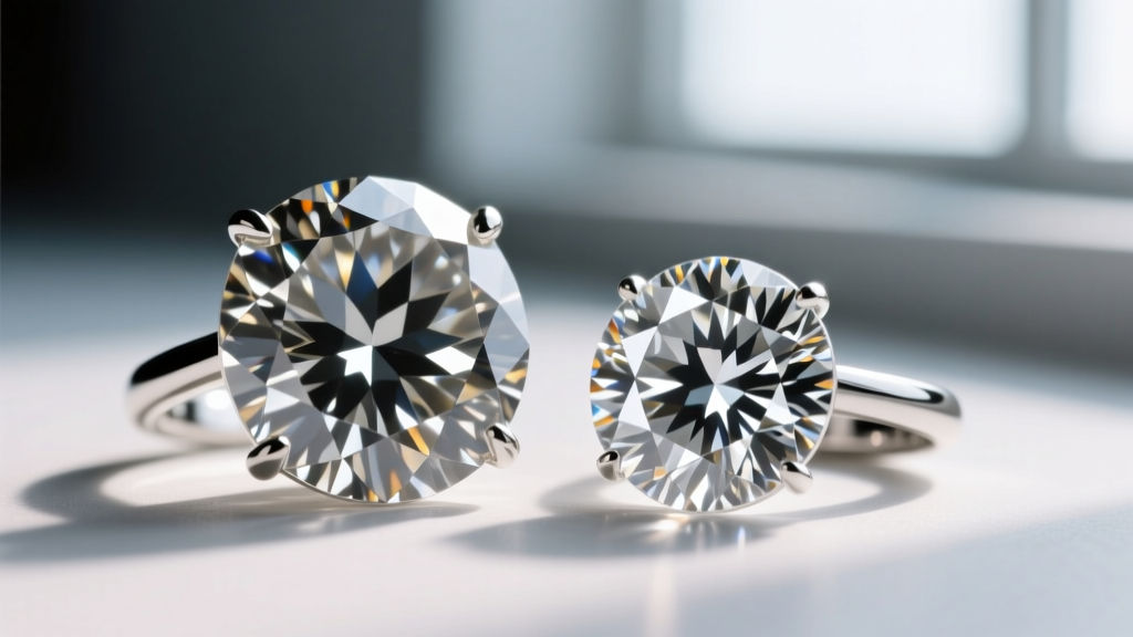 Extreme close-up comparing chunky faceting and high crowns of an Old European cut diamond next to a modern round brilliant diamond.