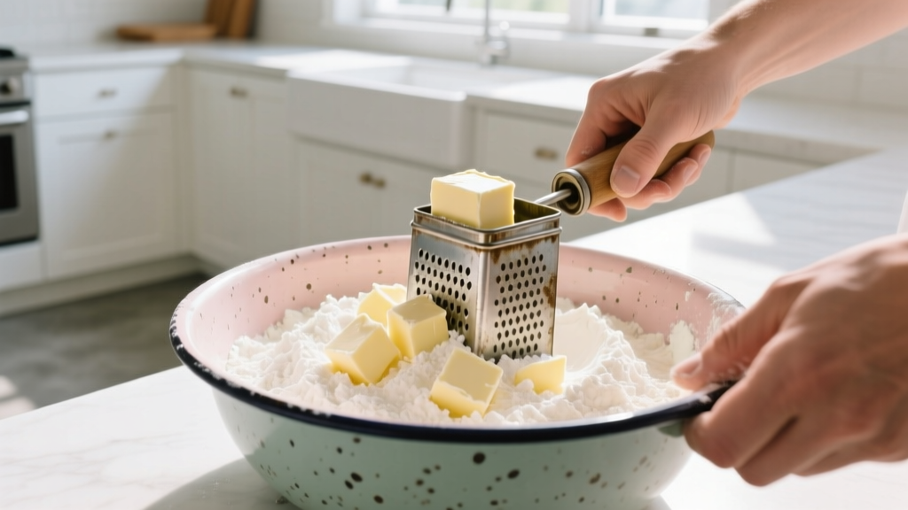 Hands using a vintage tin Foley pastry blender to cut cold butter into flour inside a speckled enamel mixing bowl in a bright kitchen