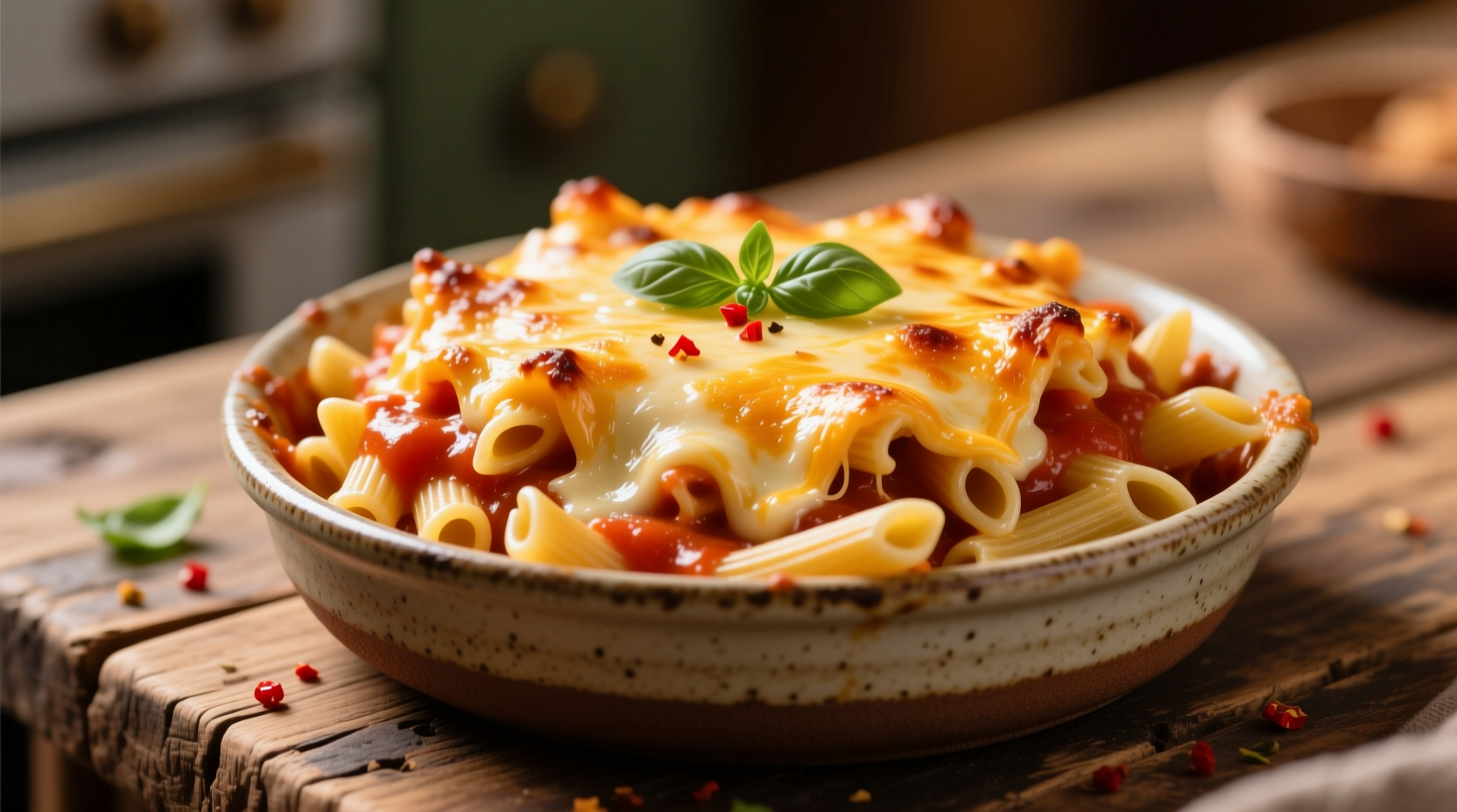 Creamy tomato mac and cheese with melted cheese topping