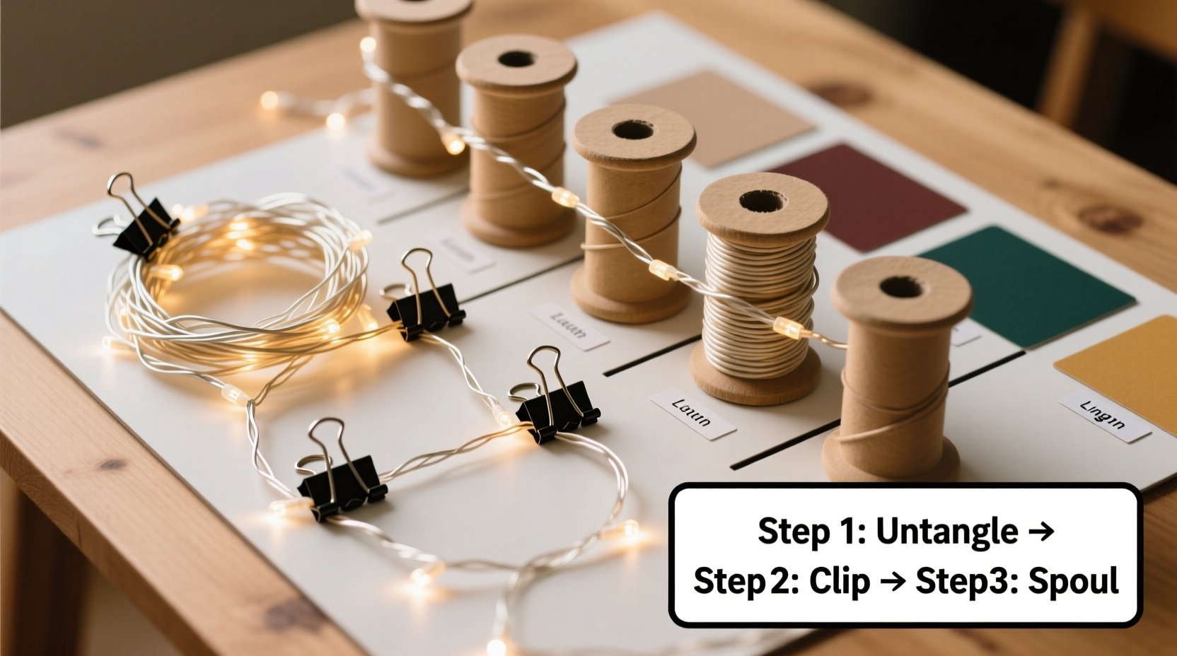 how to organize tangled light strands using binder clips and cardboard spools