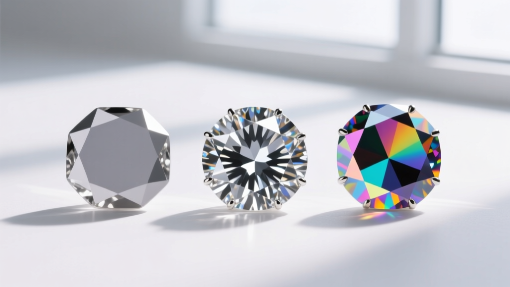 Macro photo comparing three rhinestone choker stones: dull acrylic, bright cubic zirconia, and rainbow-flashed Swarovski crystal.